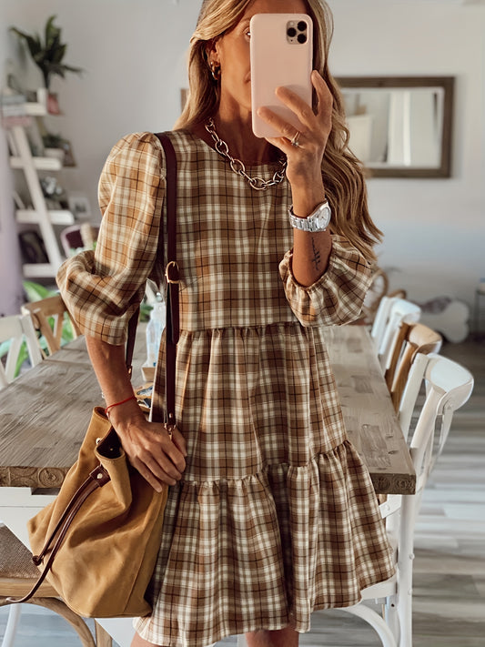  Plaid Print Lantern Sleeve Smock Mini Dress