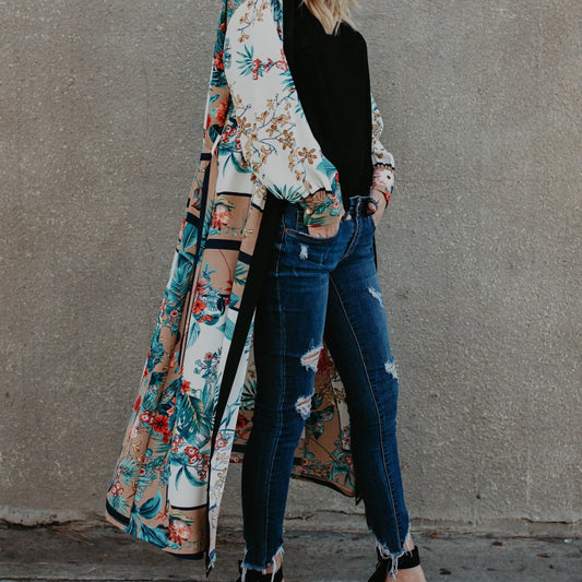 Floral Print Chiffon Long Sleeve Cover Up Beach Cardigan