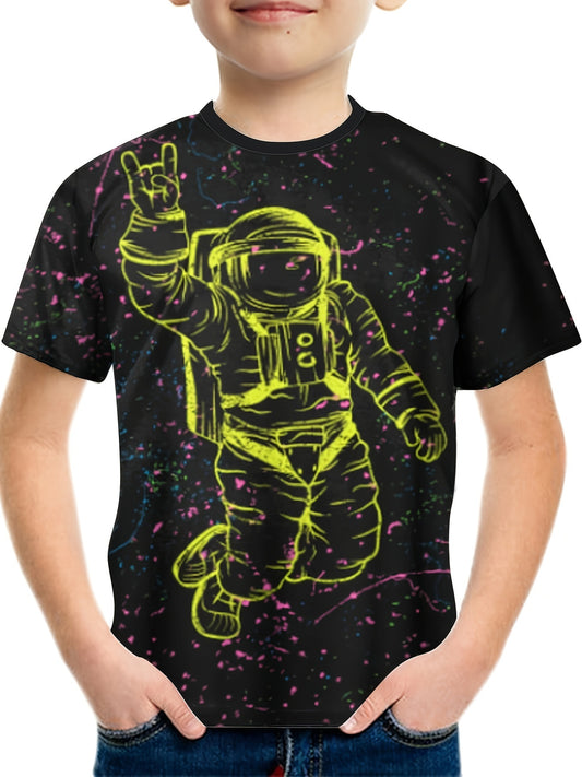 Floating Astronaut Print Boy's Short Sleeve T shirt Breathable Casual Top