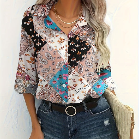  Boho Blouse Women's Plus Paisley Print Button Up Long Sleeve Blouse
