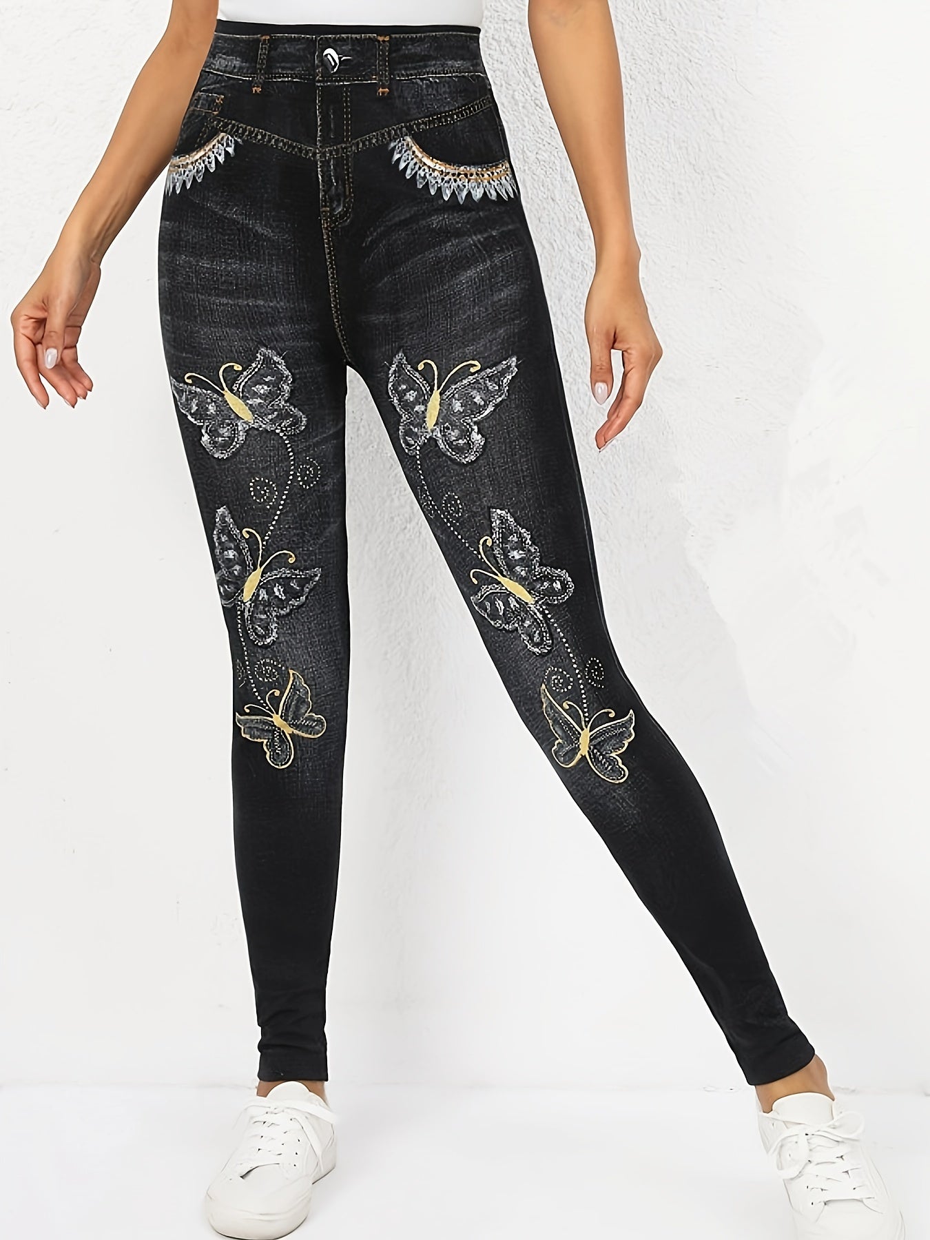  Denim & Butterfly Print High Rise Leggings