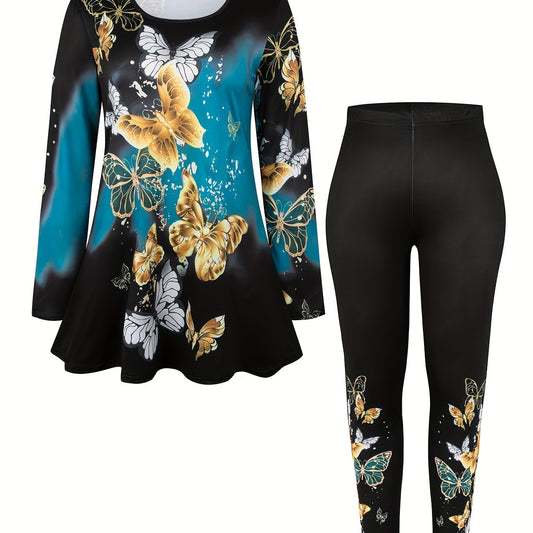 Women's Plus Butterfly Print Top & Leggings 2 Piece Set
