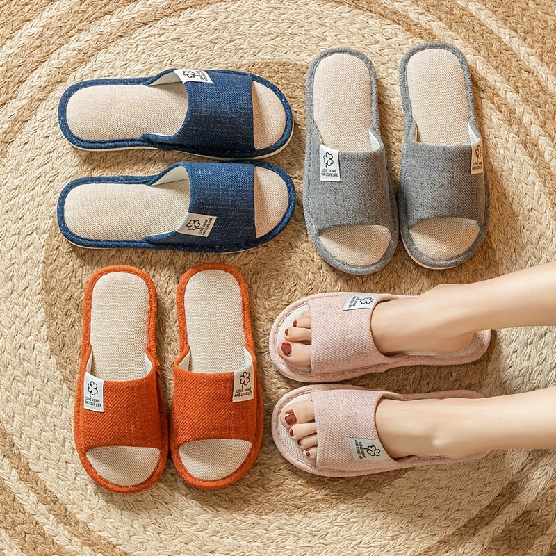 Women's Linen Slippers Open Toe Slip On Home Shoes Bedroom Flat Mute