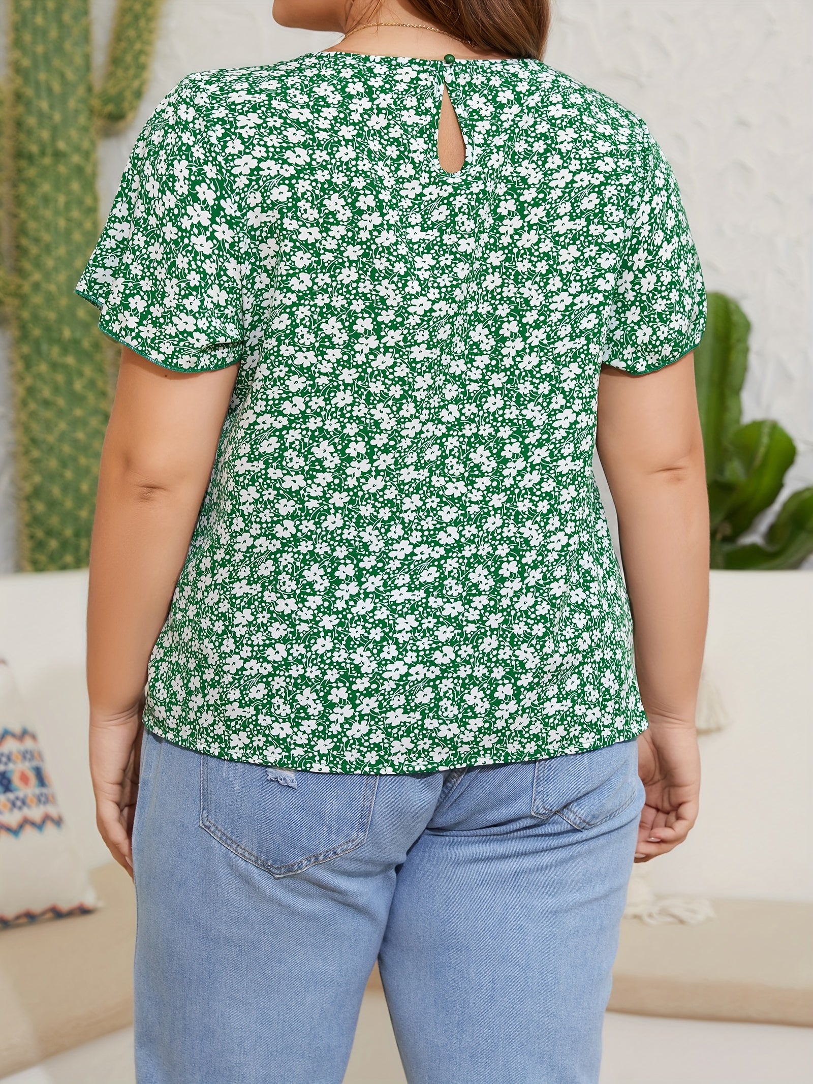  Ditsy Floral Print Butterfly Sleeve Blouse