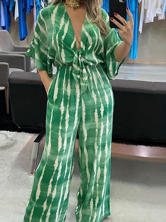 Abstract Print Bow Tie Jumpsuit Short Sleeve Wide Leg