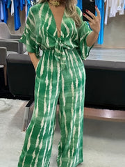 Abstract Print Bow Tie Jumpsuit Short Sleeve Wide Leg