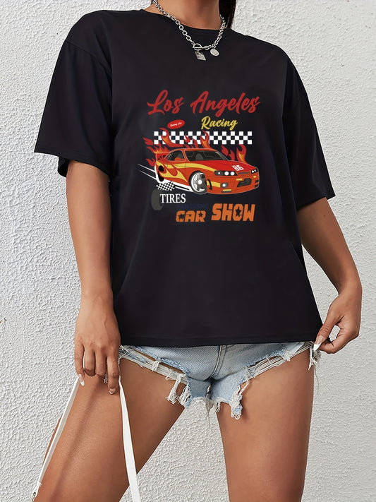 Modern Car & Letter Print T shirts Short Sleeve O neck Tee Women's Summer Tops