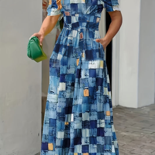 Patchwork Print Wide Leg Jumpsuit Casual Puff Sleeve Jumpsuit