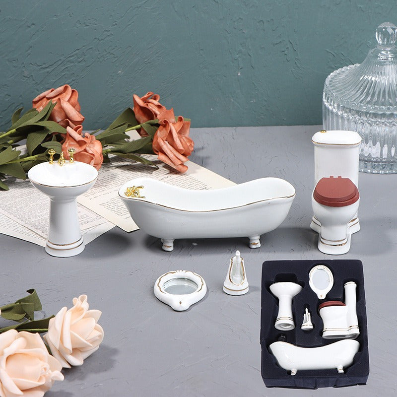 5pcs Ceramic Bathroom Set with Mini Bathtub Mirror & Toilet Figurine Decor