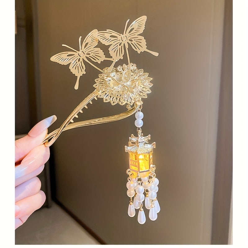 Chinese Style Hairpin With Luminous Lantern Faux Pearl Tassel