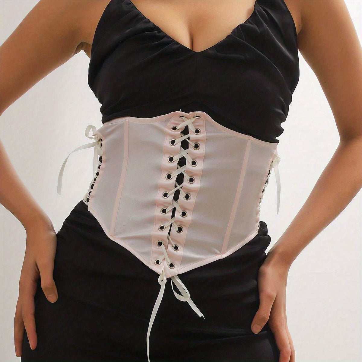 Pink Lace up Cincher Elastic Corset Waistband Belt Waspie Waist Belt