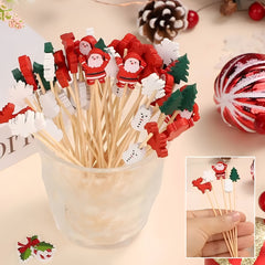 100pcs Christmas Bamboo Fruit & Snack Picks Santa Designs for Holiday Parties