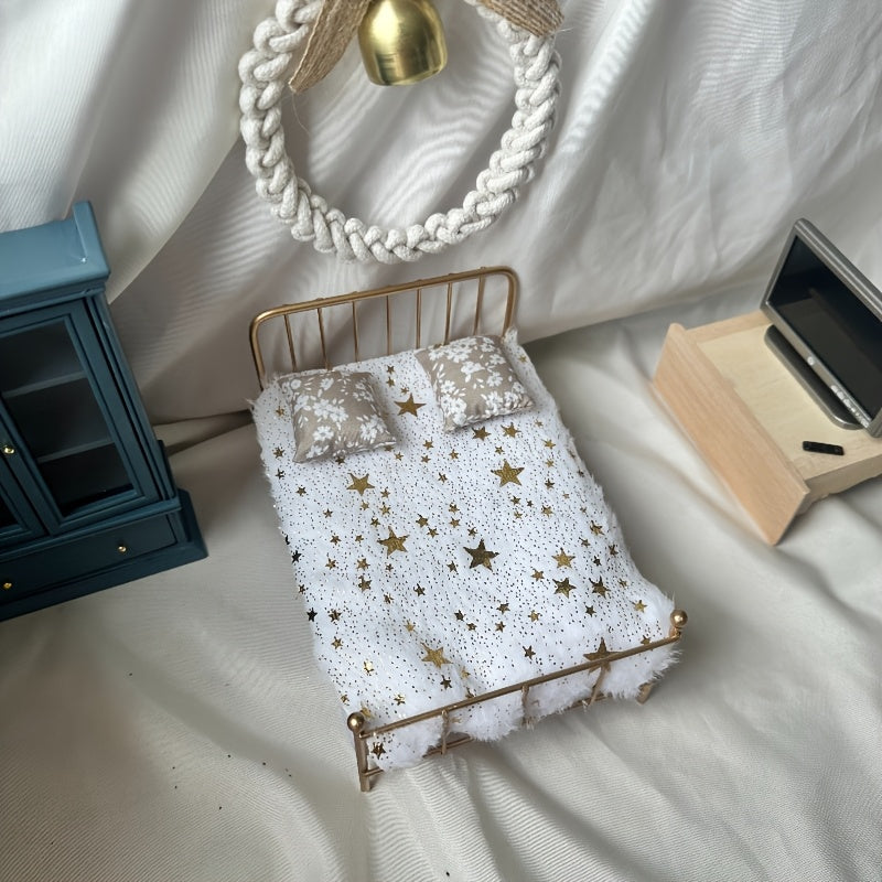1:12 Mini Dollhouse Bedroom Set with Metal Double Bed
