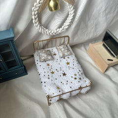 1:12 Mini Dollhouse Bedroom Set with Metal Double Bed