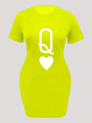 Women's Plus Q & Heart Print Short Sleeve Dress