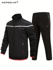 Men's Stand Collar Zip Up Jacket & Stretchable Pants Set