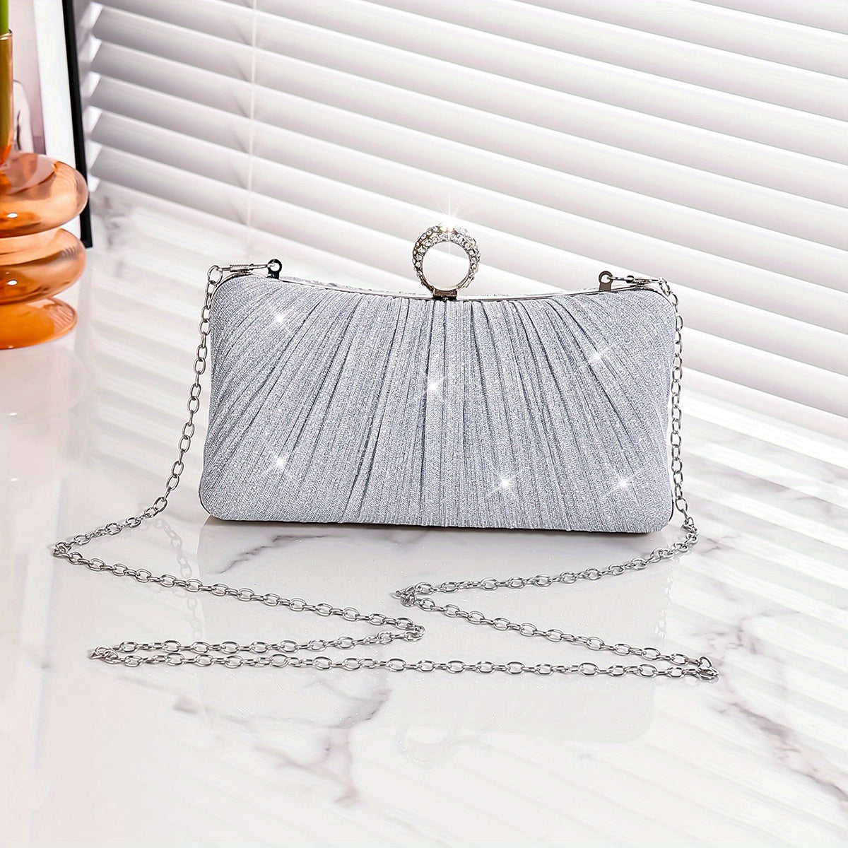 Glitter Metal Chain Clutch Textured Frame Purse Party Prom Evening Bag