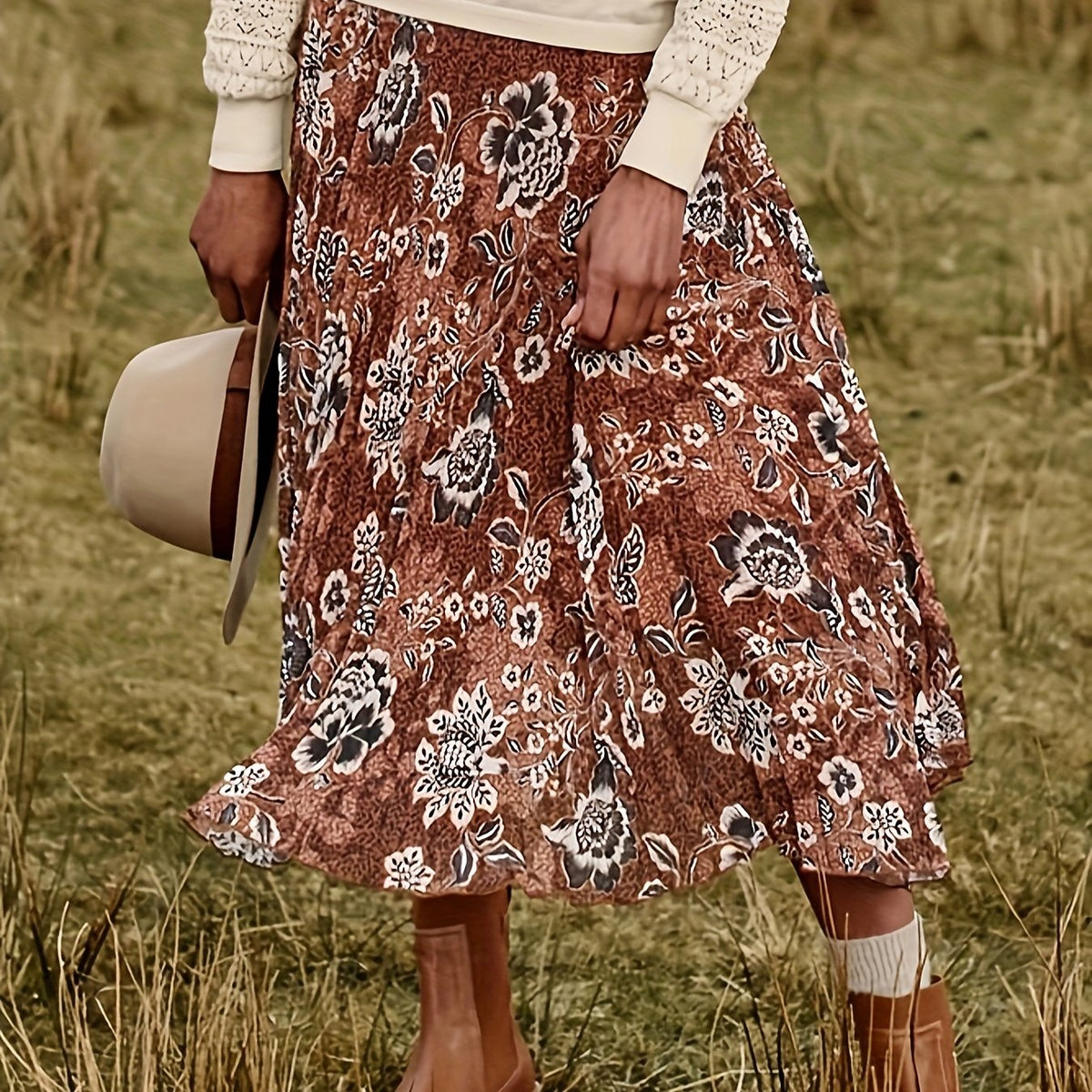  Allover Floral Print High Rise Midi A line Skirt