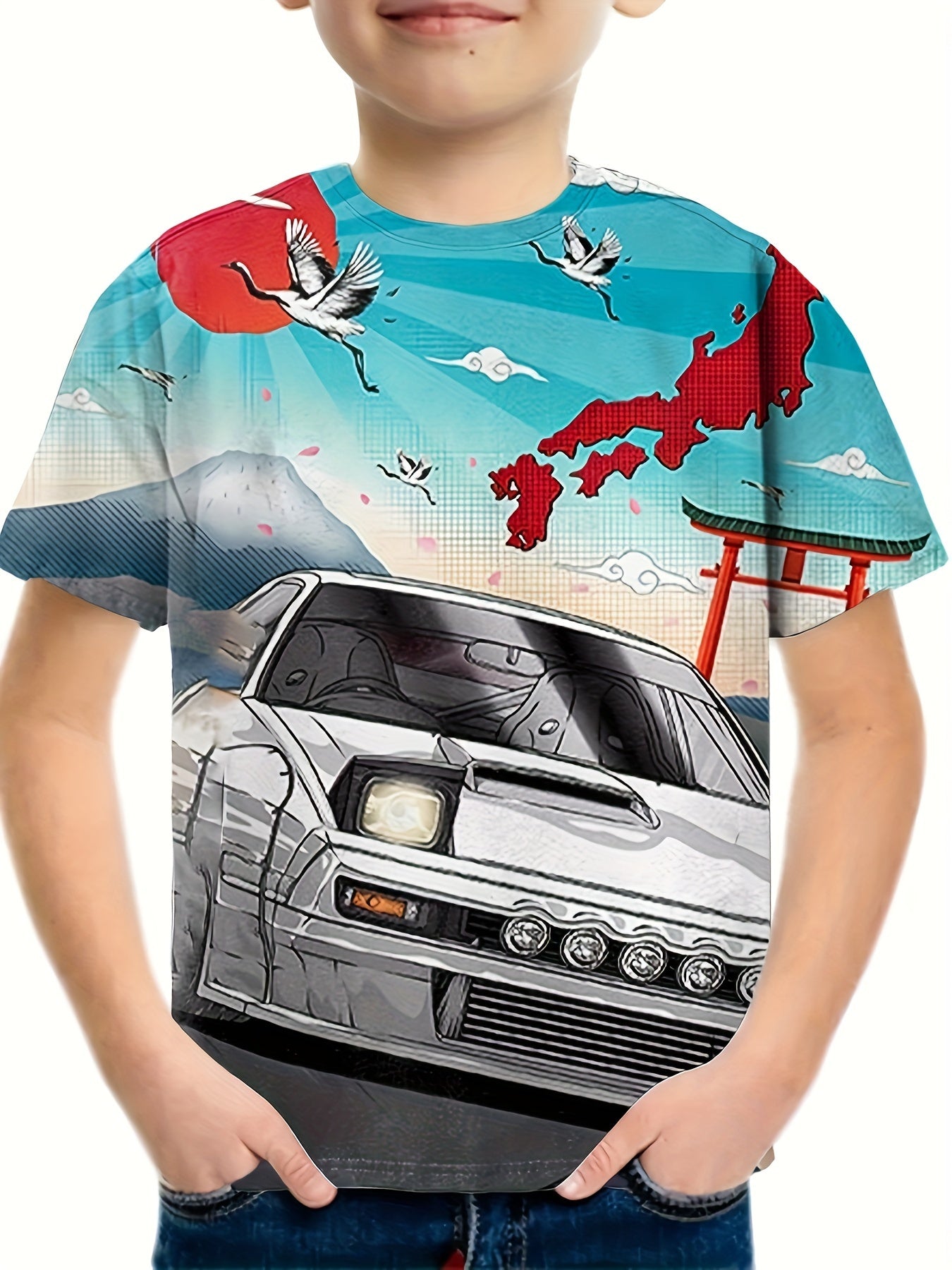 3D Sports Car Print Short Sleeve T shirt for Kids
