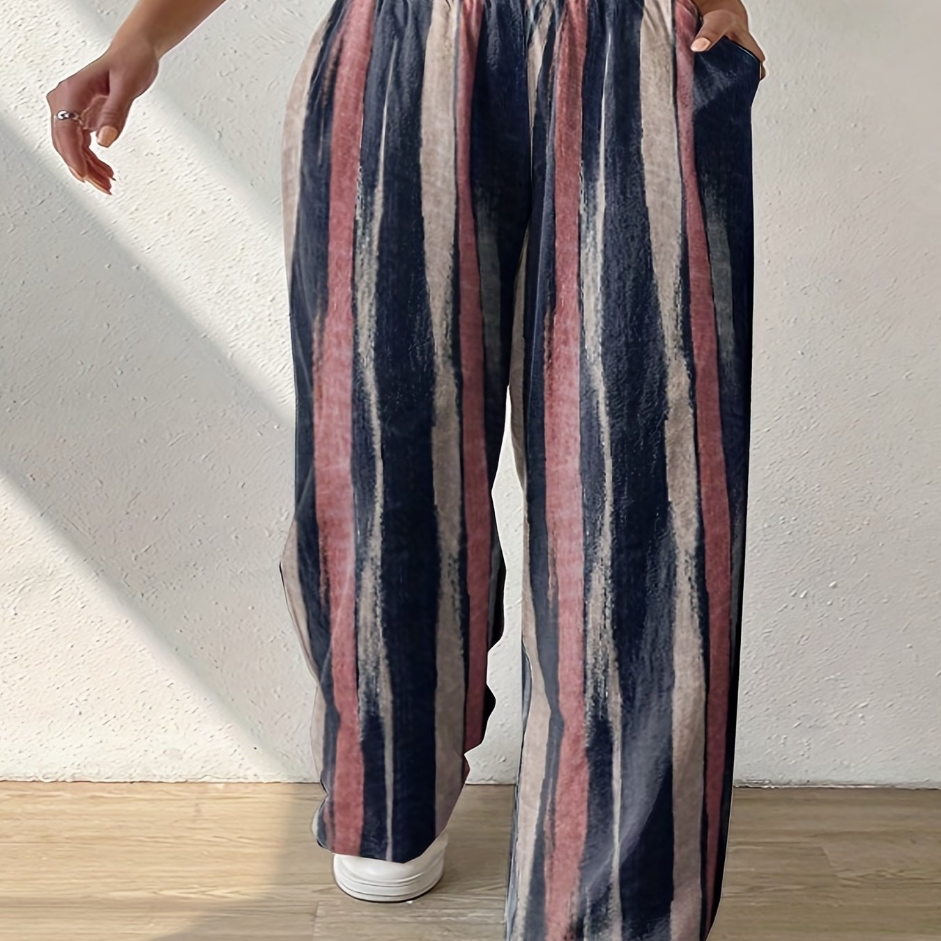  Elastic High Rise Wide Leg Trousers With Pockets