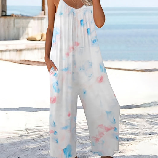 Boho Tie Dye Sleeveless Cami Jumpsuit Long Wide Leg Beach Jumpsuit