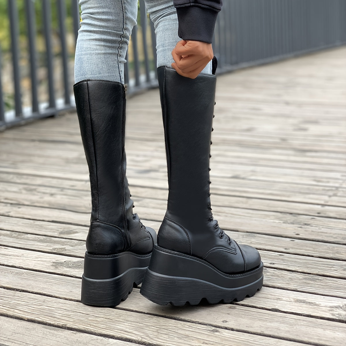 Women's Platform Wedge Heeled Mid Calf Boots Lace Up Punk Style
