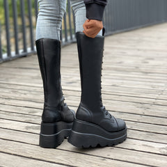 Women's Platform Wedge Heeled Mid Calf Boots Lace Up Punk Style