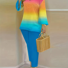  Colorblock Ombre Print Top & Pants 2 Piece Set