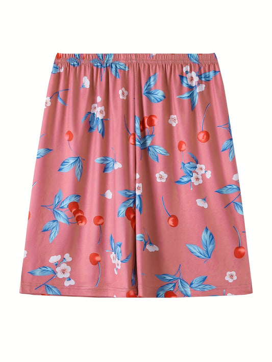 Floral Print Plus Size Pajama Shorts Elastic Waist Stretch Home Wear