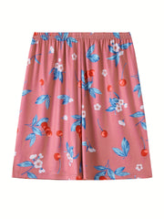 Floral Print Plus Size Pajama Shorts Elastic Waist Stretch Home Wear