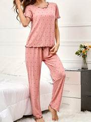 Polka Dot Print Pajama Set Short Sleeve Top & Elastic Waistband Pants