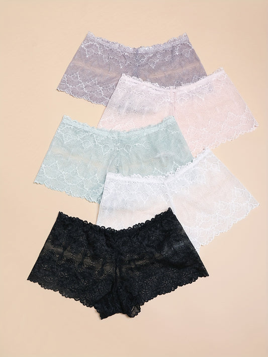 Floral Lace Mesh Boyshort Panties Romantic Semi-sheer Women's Lingerie