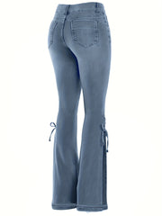 Women's Flared Leg Jeans Button Fly Lace Up High Stretch