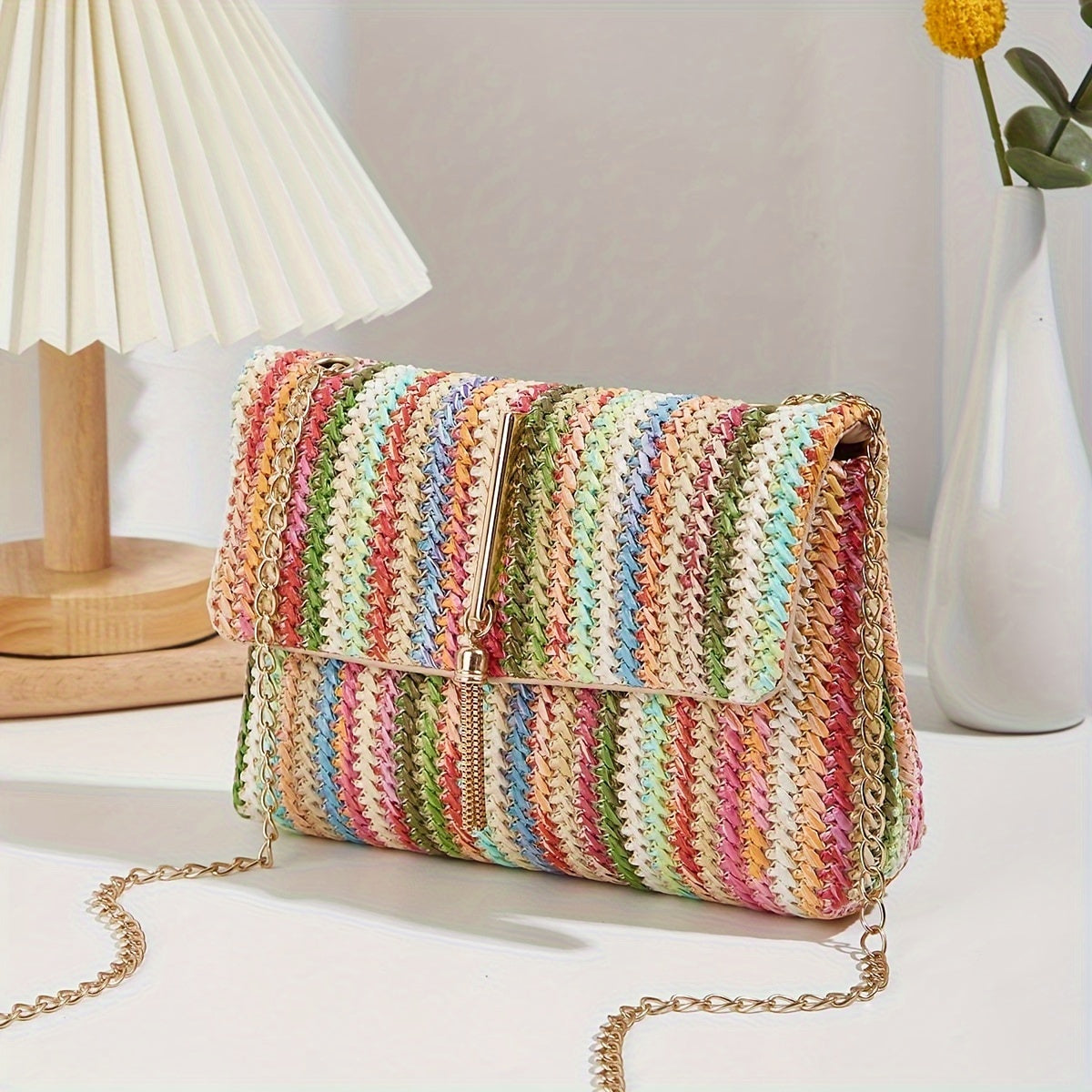 Boho Mini Shoulder Bag Colorful Striped Weave & Chain Strap