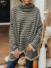 Women's Plus Stripe Print Chimney Collar Pullover Sweater