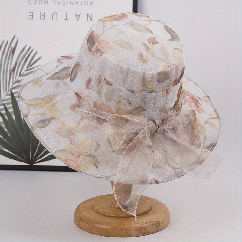 Flower Print Sun Hat Ribbon Bowknot Casual Bucket Hats