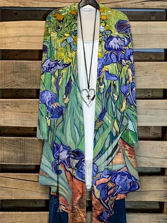 Plus Floral Print Long Sleeve Open Front Cardigan