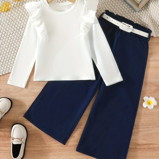 Girls Ruffle 2pcs Top & Wide Leg Pants Set with Belt - Spring Fall