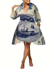  Women's Scarf Print V Neck A line Dress