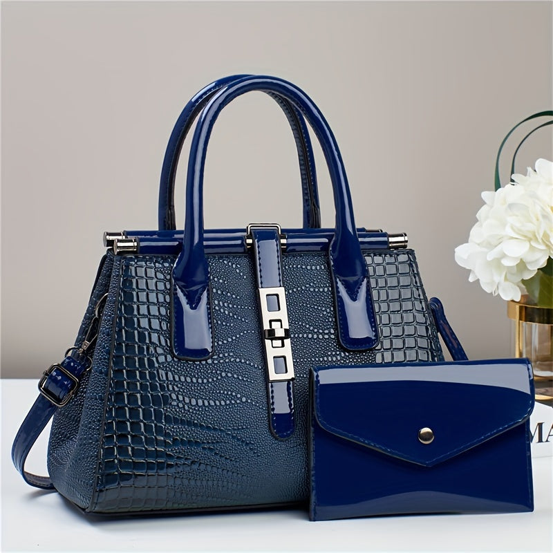 Crocodile PU Leather Tote Bag Set with Clutch - 2 Piece Lady Purse