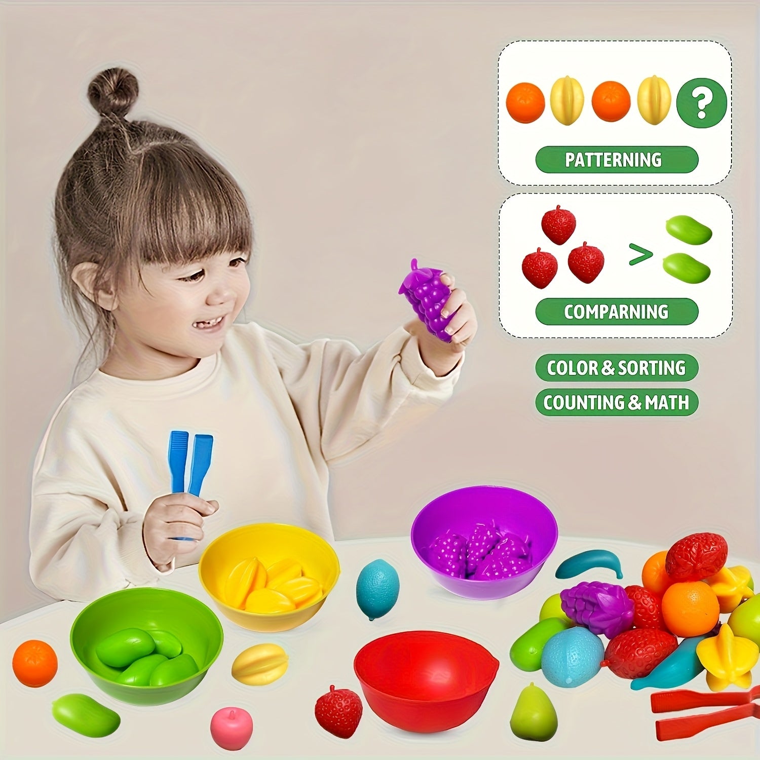 Fruit Theme Counting & Sorting Game with Bowl, Spoons & Balls