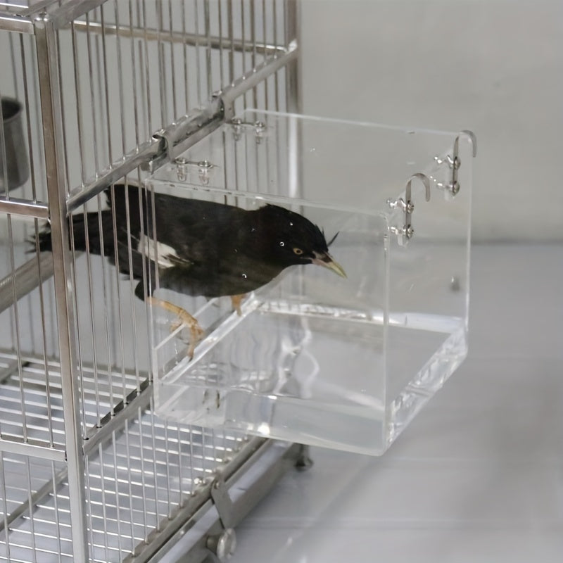 Acrylic Transparent Bird Bath Cage with Hanging Hooks Bird Feeder