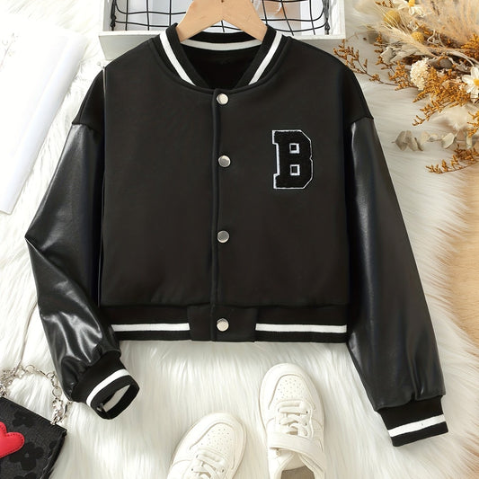 Girls' Leather Stitching Sleeves Baseball Jacket