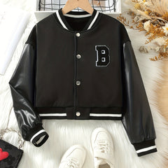 Girls' Leather Stitching Sleeves Baseball Jacket