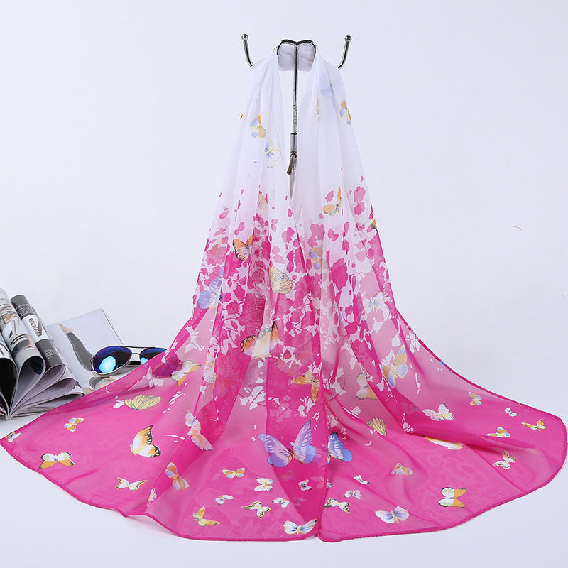 Chiffon Silk Scarf Gradient Butterfly Print Headwrap Large Shawl