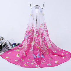 Chiffon Silk Scarf Gradient Butterfly Print Headwrap Large Shawl