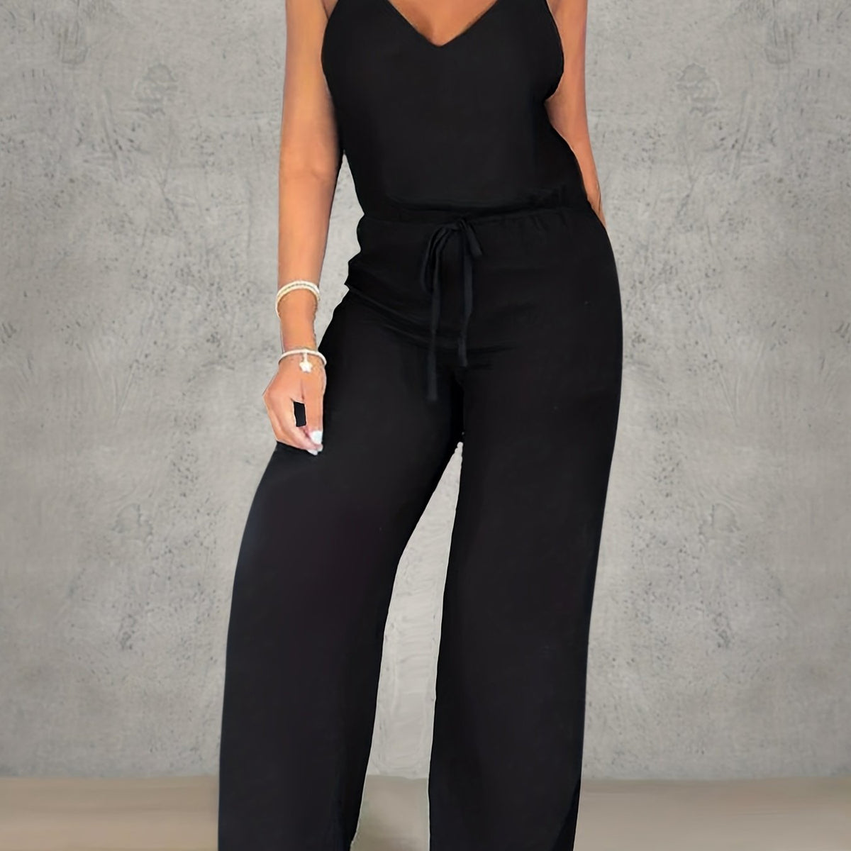 Wide Leg Tank Jumpsuit V Neck Drawstring Waist