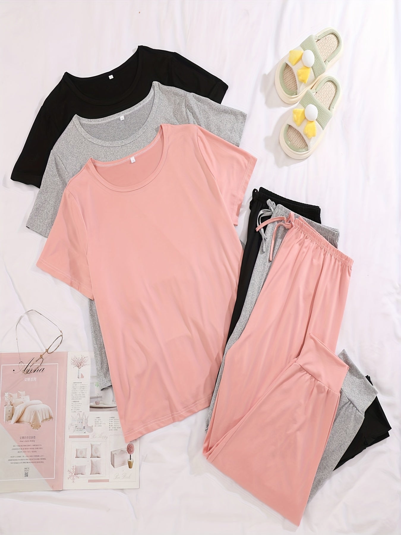 6 Pack Plus Size Pajama Set Women's Solid Short Sleeve T-Shirt