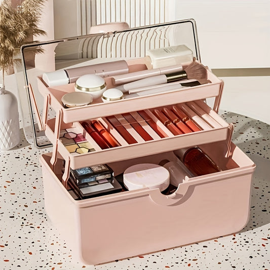 Large Capacity Makeup Storage Organizer with Transparent Cover & Handle
