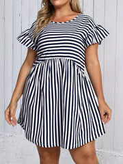  Stripe Print Ruffle Trim Mini Dress